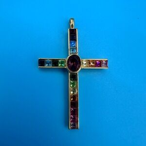 Vintage 1998 PSCO Gold Tone Multi Color Crystal Cross Pendant Rainbow Religious